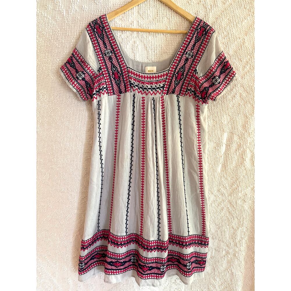 Maeve Light Gray Midi Dress with Pink and Black Embroidery